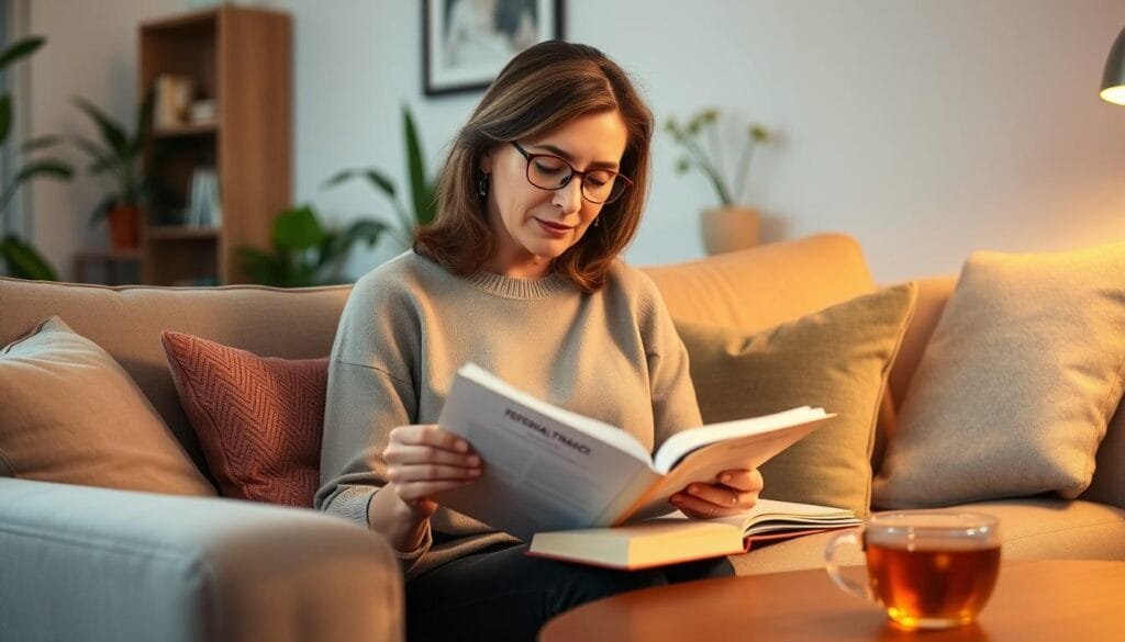 Woman reading personal finance book for financial education Woman reading personal finance book for financial education
