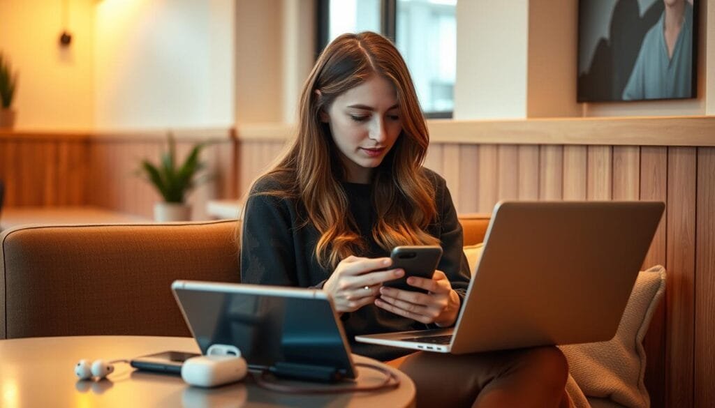 Solo traveler using tech gadgets Solo traveler using tech gadgets