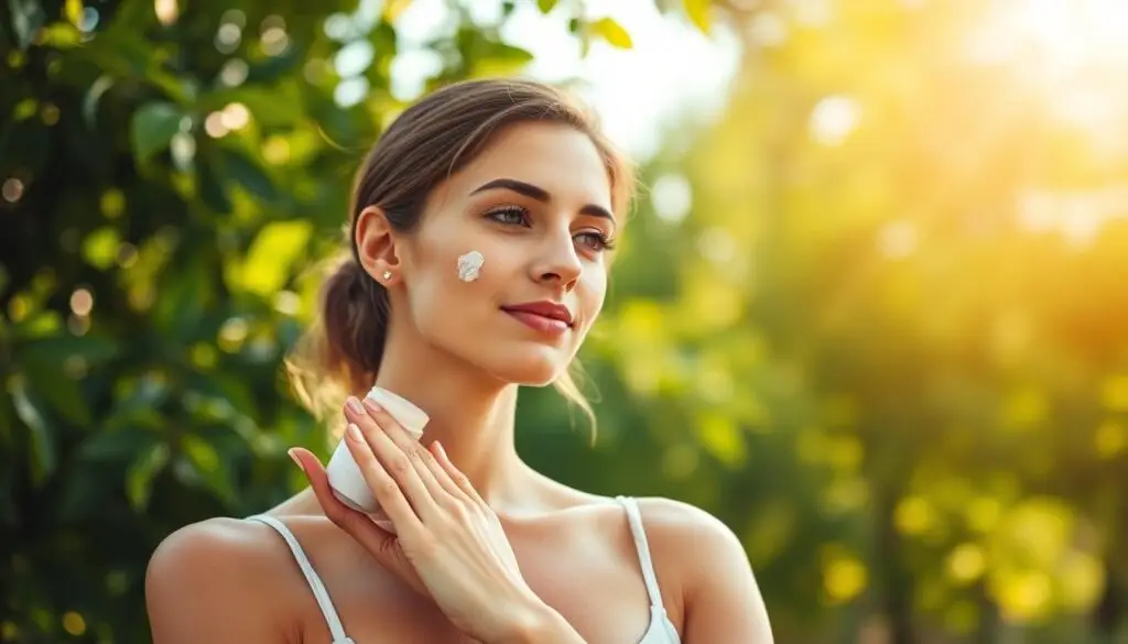 woman applying broad-spectrum sunscreen for sun protection